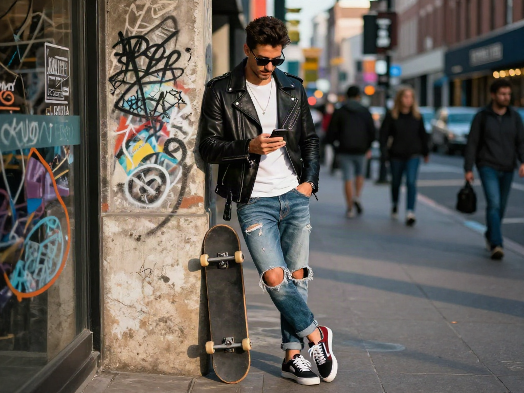 Stylish man in black men's leather jacket enjoying urban street life.