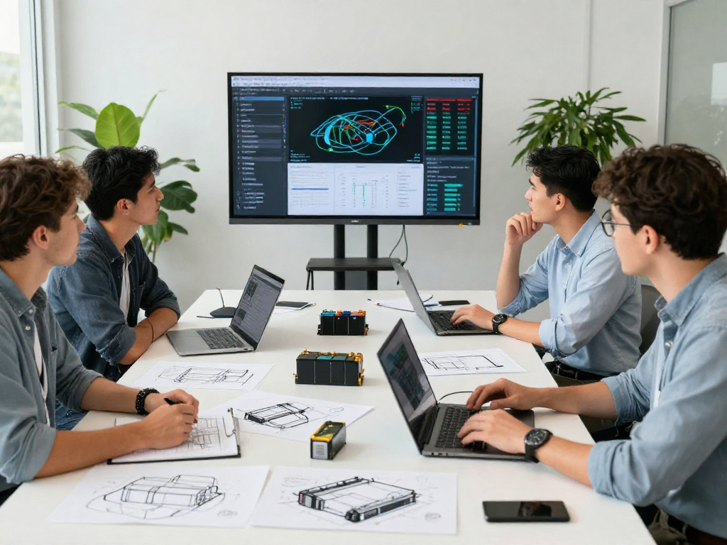 Engineers collaborating on custom OEM&ODM lithium battery solutions in a modern workspace.